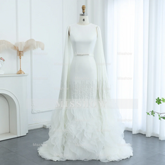 Luxury Long Nude Mermaid Satin Tulle Ruffles Evening Dress With Cape Sleeves