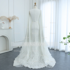 Luxury Long Nude Mermaid Satin Tulle Ruffles Evening Dress With Cape Sleeves