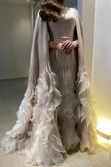 Luxury Long Nude Mermaid Satin Tulle Ruffles Evening Dress With Cape Sleeves