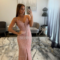 Luxury Long Pink Mermaid Strapless Crystal Prom Dress with Slit