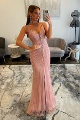 Luxury Long Pink Mermaid Strapless Crystal Prom Dress with Slit