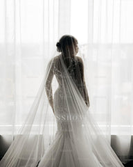 Luxury Long White Lace Long Sleeves Beaded Mermaid Wedding Dress