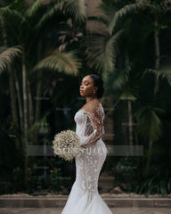 Luxury Long White Lace Long Sleeves Beaded Mermaid Wedding Dress
