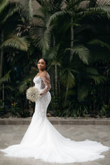 Luxury Long White Lace Long Sleeves Beaded Mermaid Wedding Dress