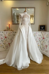 Luxury Long White Mermaid High Neck Lace Beaded Wedding Dress with Detachable Train