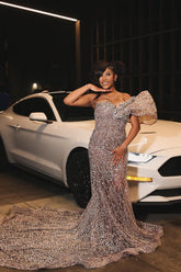 Luxury Nude Sequin Prom Dress One Shoulder Mermaid Formal Gown with Rhinestones