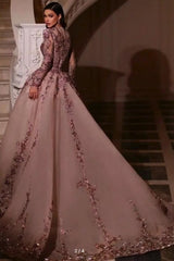 Luxury Pink Glitter Long Sleeves V-Neck Beaded Embroidery Floor-Length Tulle Prom Evening Dresses With Rhinestone