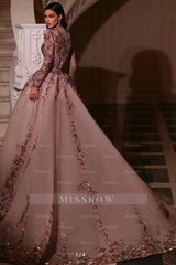 Luxury Pink Glitter Long Sleeves V-Neck Beaded Embroidery Floor-Length Tulle Prom Evening Dresses With Rhinestone
