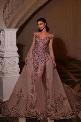 Luxury Pink Glitter Long Sleeves V-Neck Beaded Embroidery Floor-Length Tulle Prom Evening Dresses With Rhinestone