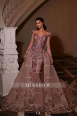Luxury Pink Glitter Long Sleeves V-Neck Beaded Embroidery Floor-Length Tulle Prom Evening Dresses With Rhinestone