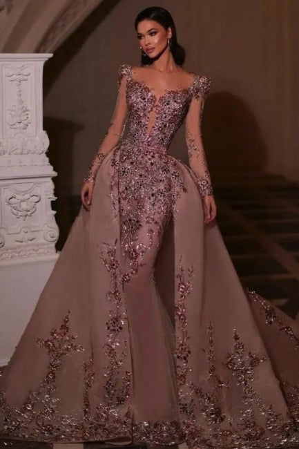 Luxury Pink Glitter Long Sleeves V-Neck Beaded Embroidery Floor-Length Tulle Prom Evening Dresses With Rhinestone