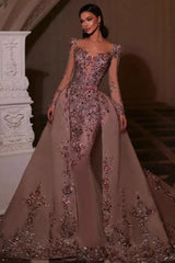 Luxury Pink Glitter Long Sleeves V-Neck Beaded Embroidery Floor-Length Tulle Prom Evening Dresses With Rhinestone