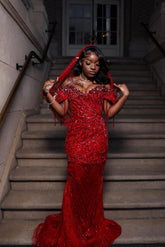 Luxury Red Sequin Beads Prom Dress Off The Shoulder Mermaid Formal Gown with Veil