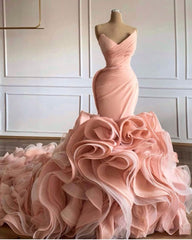 Luxury Ruffled Mermaid Wedding Dresses High-end Pleated Pink Tulle Bridal Gowns