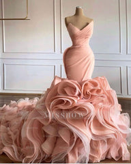 Luxury Ruffled Mermaid Wedding Dresses High-end Pleated Pink Tulle Bridal Gowns
