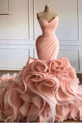 Luxury Ruffled Mermaid Wedding Dresses High-end Pleated Pink Tulle Bridal Gowns