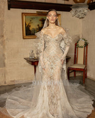 Luxury Silver Mermaid Strapless Lace Off-The-Shoulder Beaded Long Sleeves Wedding Dress With Pearls