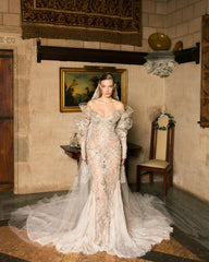 Luxury Silver Mermaid Strapless Lace Off-The-Shoulder Beaded Long Sleeves Wedding Dress With Pearls