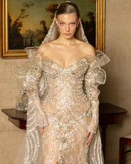 Luxury Silver Mermaid Strapless Lace Off-The-Shoulder Beaded Long Sleeves Wedding Dress With Pearls