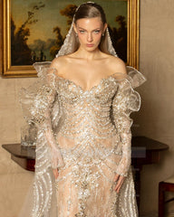 Luxury Silver Mermaid Strapless Lace Off-The-Shoulder Beaded Long Sleeves Wedding Dress With Pearls