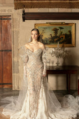 Luxury Silver Mermaid Strapless Lace Off-The-Shoulder Beaded Long Sleeves Wedding Dress With Pearls
