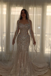 Luxury Sparkly Mermaid Wedding Dress with Crystal Beading and Cathedral Veil