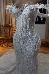 Silver off-the-shoulder beaded mermaid prom dress