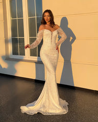 Luxury White Mermaid V-Neck Strapless Beaded Lace Long Sleeves Floor-Length Wedding Dress