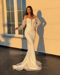 Luxury White Mermaid V-Neck Strapless Beaded Lace Long Sleeves Floor-Length Wedding Dress