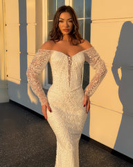 Luxury White Mermaid V-Neck Strapless Beaded Lace Long Sleeves Floor-Length Wedding Dress