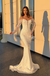 Luxury White Mermaid V-Neck Strapless Beaded Lace Long Sleeves Floor-Length Wedding Dress