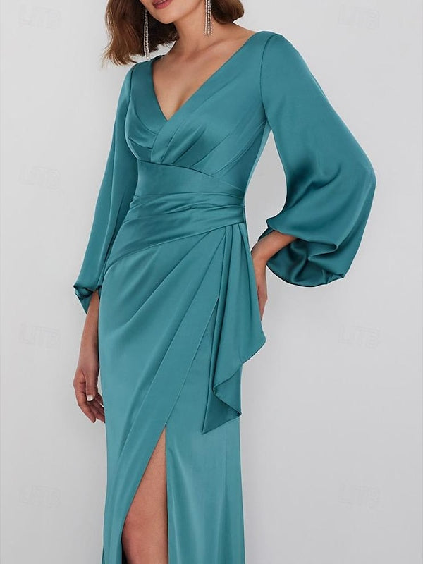 A Line Floor Length Long Sleeve V Neck Wedding Guest Dresses Tie Charmeuse With Ruched