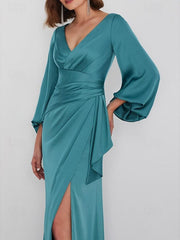 A Line Floor Length Long Sleeve V Neck Wedding Guest Dresses Tie Charmeuse With Ruched