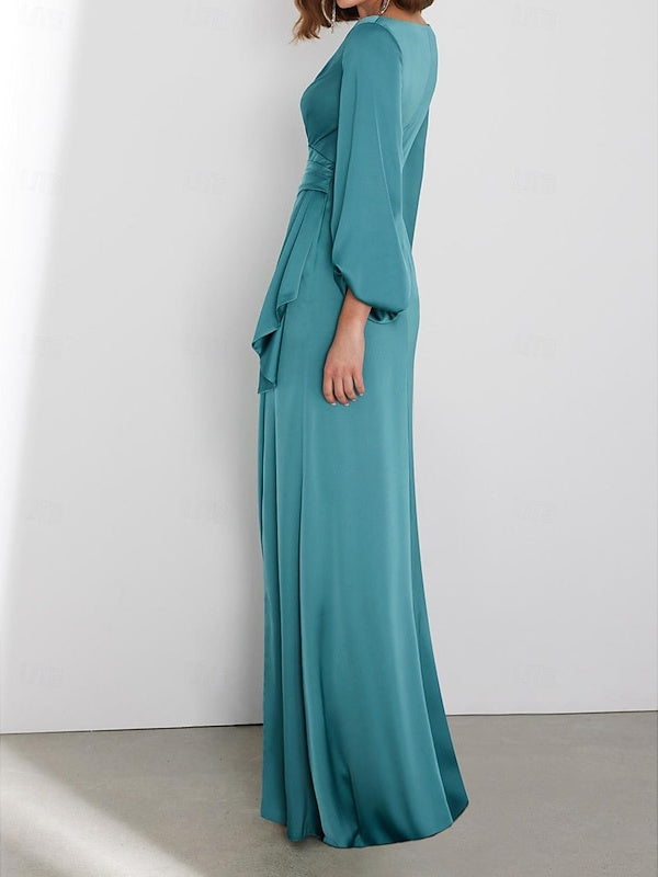 A Line Floor Length Long Sleeve V Neck Wedding Guest Dresses Tie Charmeuse With Ruched