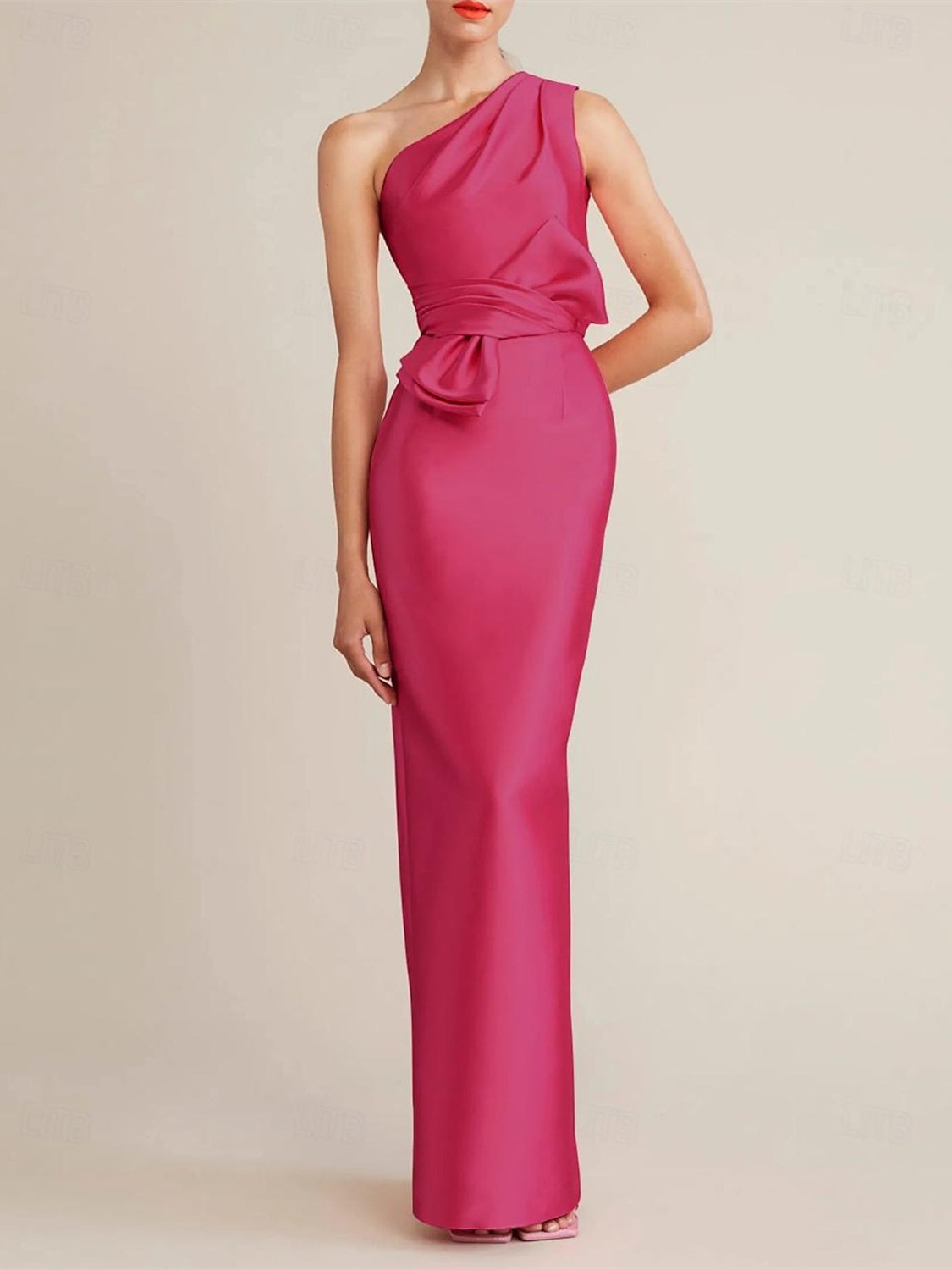 Sheath Column Floor Length Sleeveless One Shoulder Wedding Guest Dresses Satin With Bow S Pocket