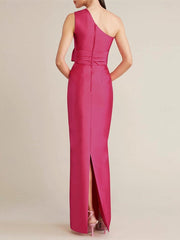Sheath Column Floor Length Sleeveless One Shoulder Wedding Guest Dresses Satin With Bow S Pocket
