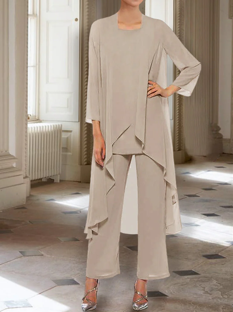 Chiffon Round Neck 3 4 Length Sleeves Ankle Length Mother Of The Bride Pantsuits With Jacket