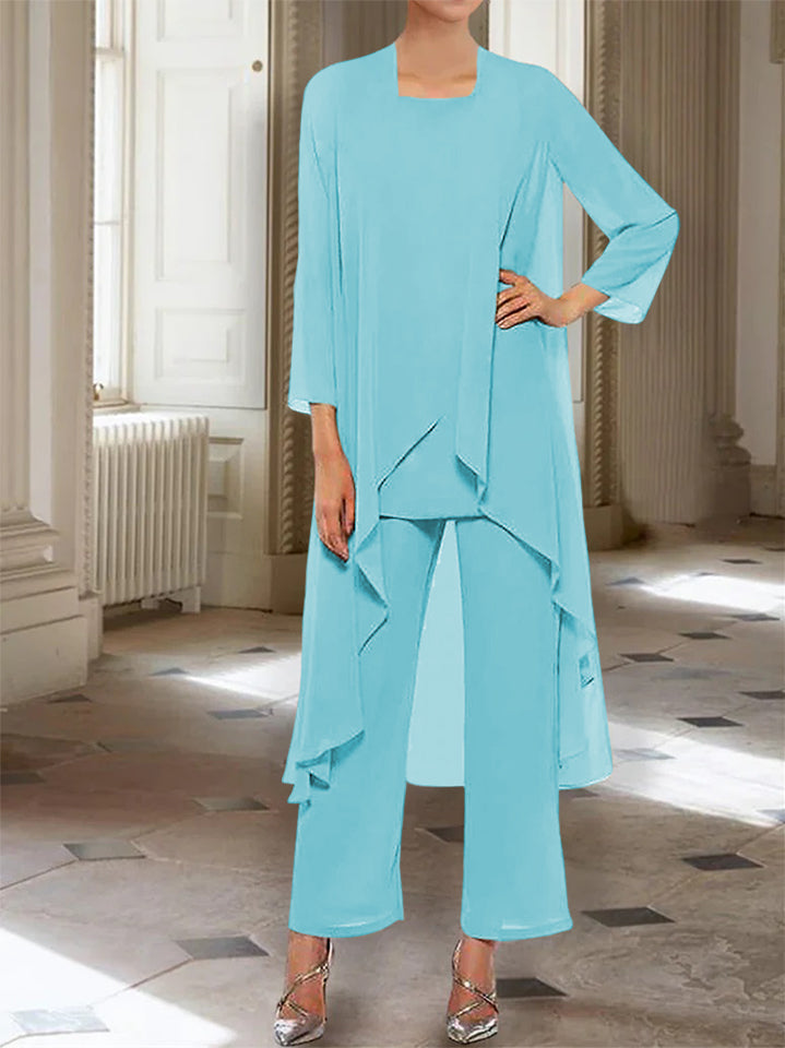 Chiffon Round Neck 3 4 Length Sleeves Ankle Length Mother Of The Bride Pantsuits With Jacket