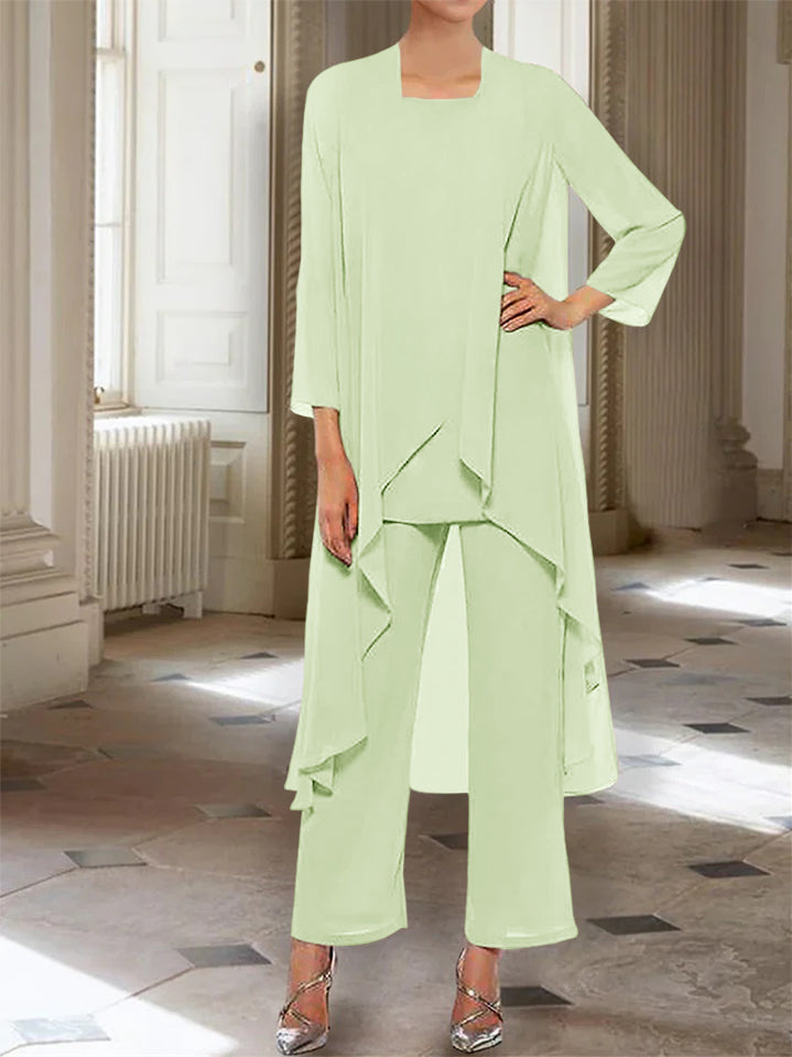 Chiffon Round Neck 3 4 Length Sleeves Ankle Length Mother Of The Bride Pantsuits With Jacket