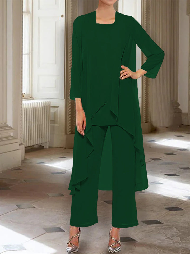 Chiffon Round Neck 3 4 Length Sleeves Ankle Length Mother Of The Bride Pantsuits With Jacket