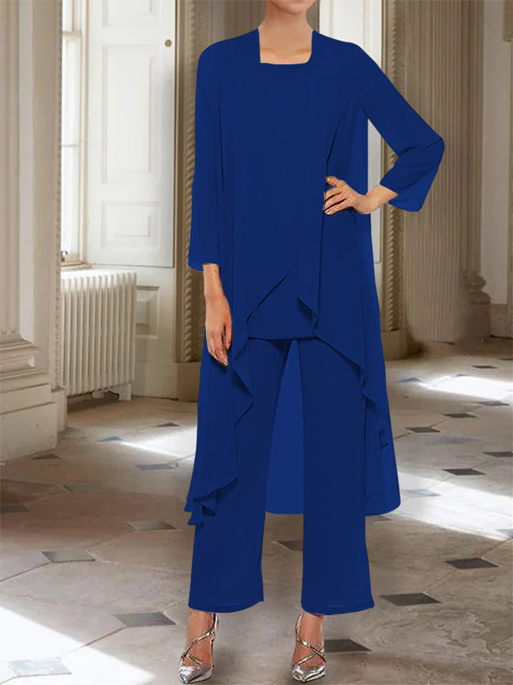 Chiffon Round Neck 3 4 Length Sleeves Ankle Length Mother Of The Bride Pantsuits With Jacket