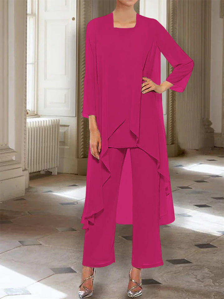 Chiffon Round Neck 3 4 Length Sleeves Ankle Length Mother Of The Bride Pantsuits With Jacket