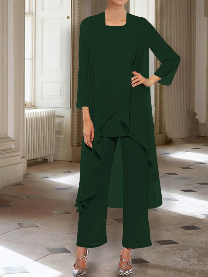 Chiffon Round Neck 3 4 Length Sleeves Ankle Length Mother Of The Bride Pantsuits With Jacket