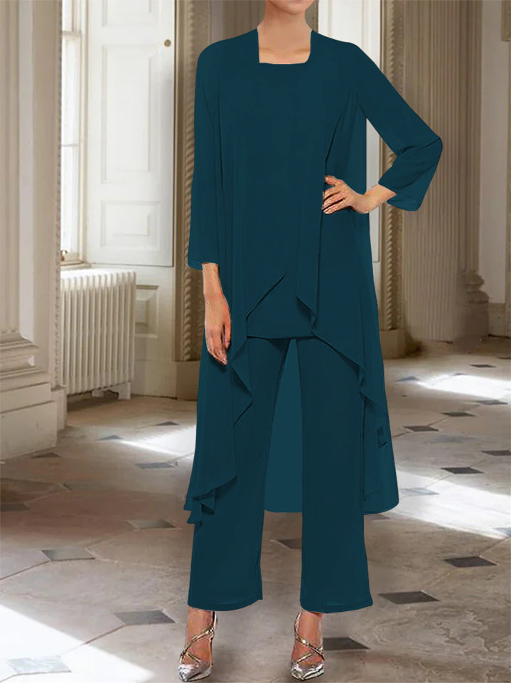 Chiffon Round Neck 3 4 Length Sleeves Ankle Length Mother Of The Bride Pantsuits With Jacket