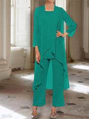 Chiffon Round Neck 3/4 Length Sleeves Ankle-Length Mother of the Bride Pantsuits with Jacket