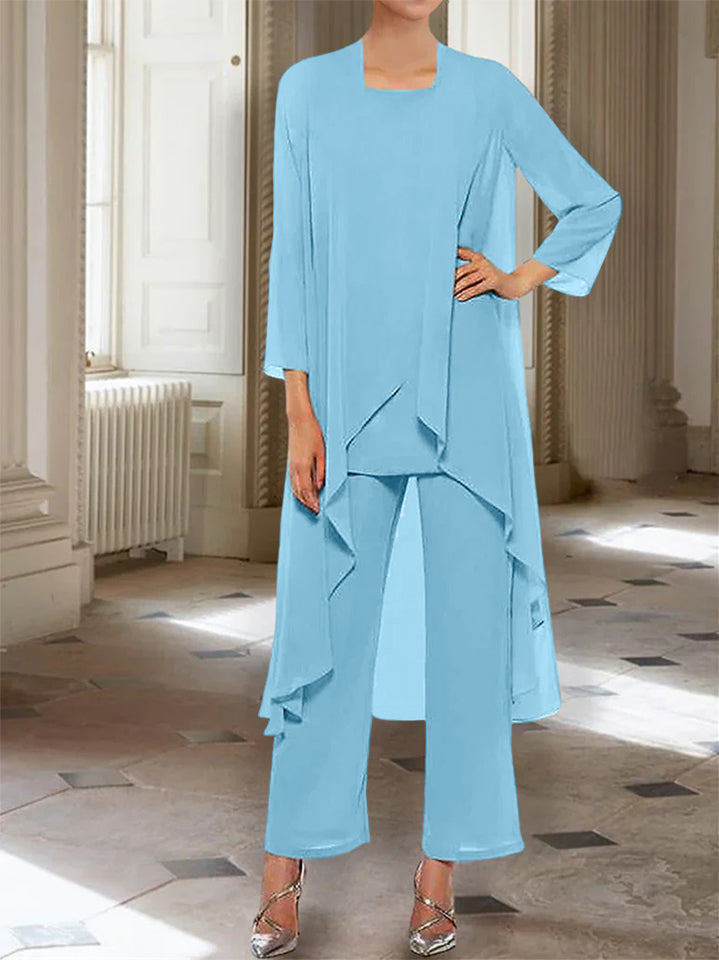 Chiffon Round Neck 3 4 Length Sleeves Ankle Length Mother Of The Bride Pantsuits With Jacket