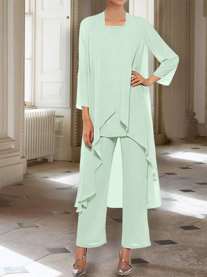 Chiffon Round Neck 3 4 Length Sleeves Ankle Length Mother Of The Bride Pantsuits With Jacket