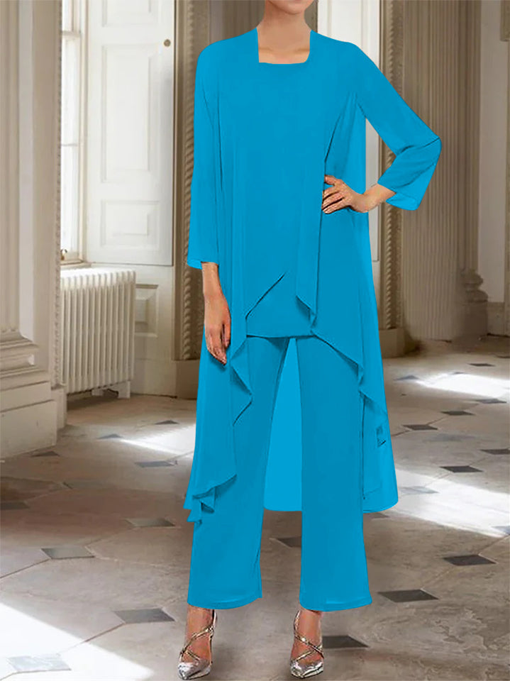 Chiffon Round Neck 3 4 Length Sleeves Ankle Length Mother Of The Bride Pantsuits With Jacket