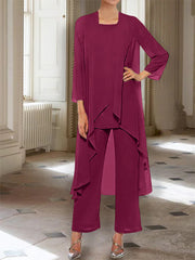 Chiffon Round Neck 3/4 Length Sleeves Ankle-Length Mother of the Bride Pantsuits with Jacket