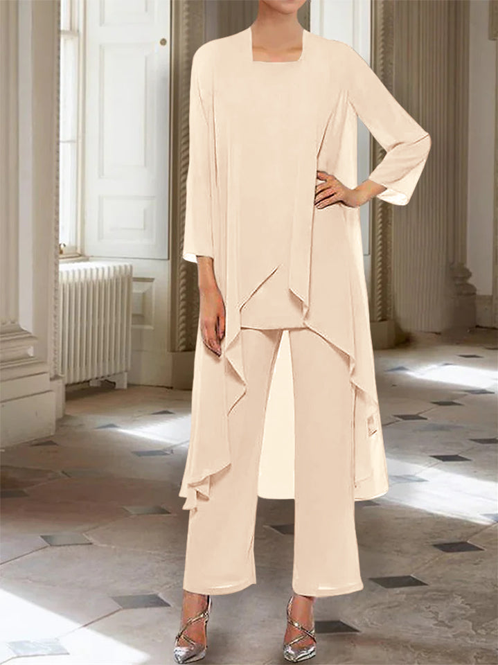 Chiffon Round Neck 3 4 Length Sleeves Ankle Length Mother Of The Bride Pantsuits With Jacket